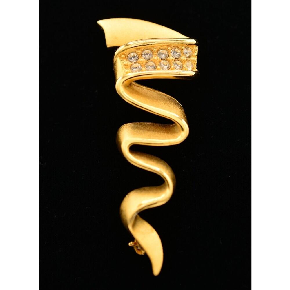 LIA Vintage Ribbon Pin Brooch Brushed Gold Rhinestone Chunky Signed 1980s Bin5B